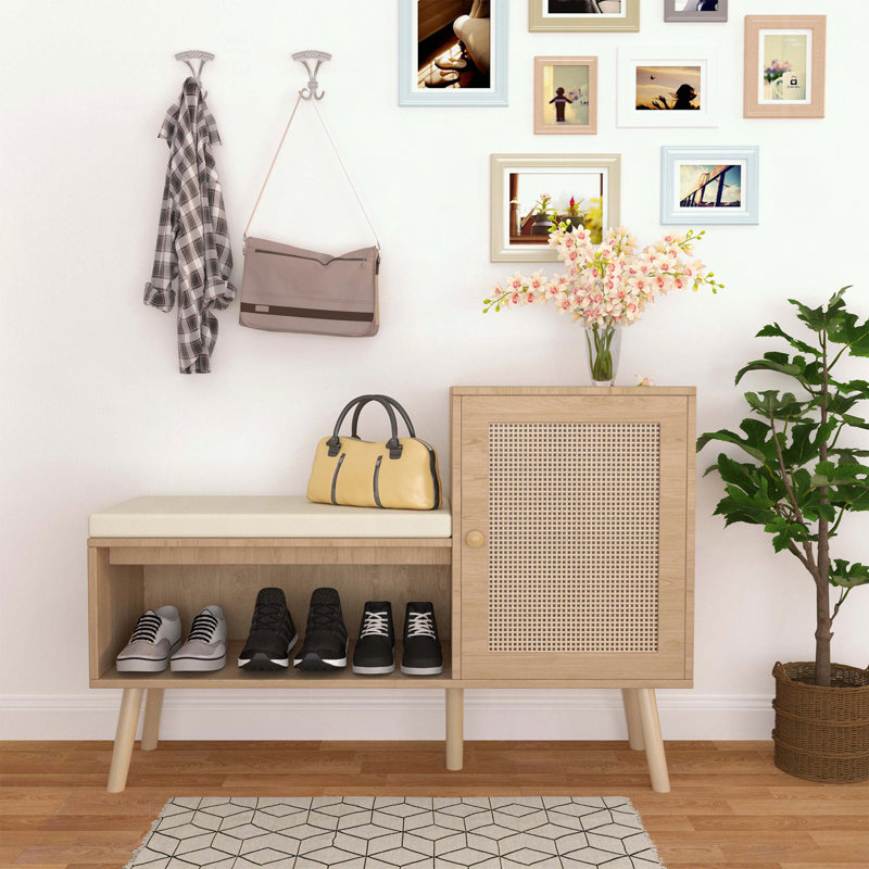 Banc de rangement pour chaussures 2 en 1 avec rotin PP et coussin amovible