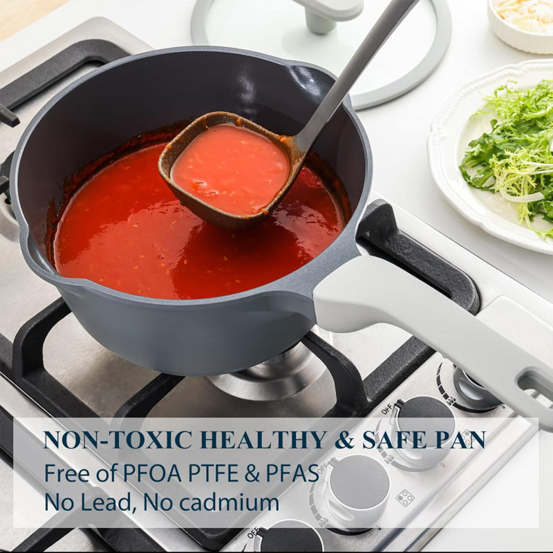 Casserole antiadhésive antiadhésive avec couvercle Casserole en céramique non toxique de 2 pintes avec becs verseurs pour utilisation polyvalente Compatible PTFE PFOA et PFAS Induction Free