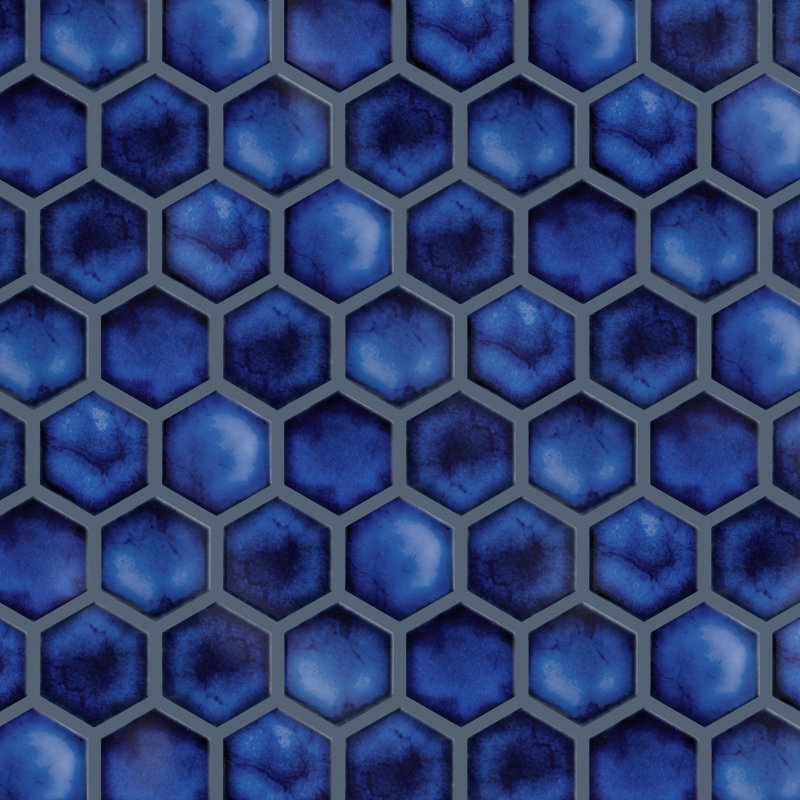 Hudson Due 2" Hex 10-7/8 " x 12-5/8 " Porcelain Mosaic Floor and Wall Tile, Glossy Sapphire