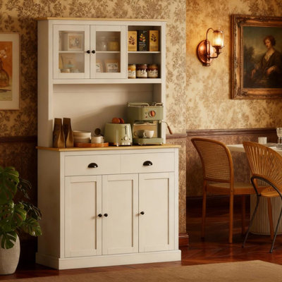 71" Kitchen Cabinet In White With Three Cabinets, Two Drawers, And A Wide Countertop For Home Use Large Storage, Adjustable Shelving, Organization Needs