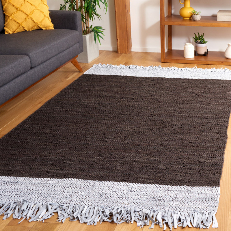 Exley Hand Woven Leather/Cotton Solid Color Rug in Grey/Dark Brown, Rectangle 5' x 8'