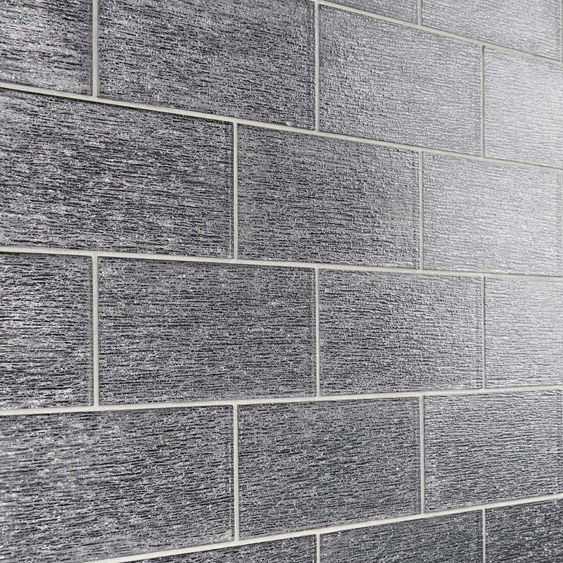 Veda 4x9 Polished Glass Subway Tile, Black/Silver