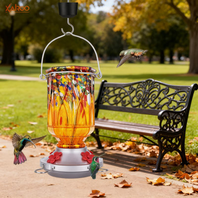 Hand Blown Glass Hummingbird Feeder With Ant Moat, 4 Feeding Ports And Perch, Leakproof Outdoor Garden Decor For Attracting Hummingbirds