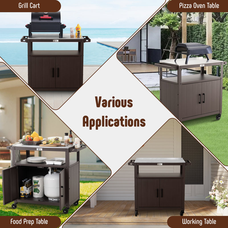 Brown Outdoor Grill Cart with Stainless Steel Tabletop and Storage Cabinet