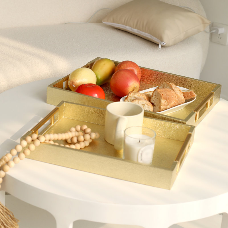 Set Of 2 Shagreen Serving Tray With Polished Metal Handles Wood Decorative Tray PU Leather With Brushed For Coffee Table Ottoman Console Table