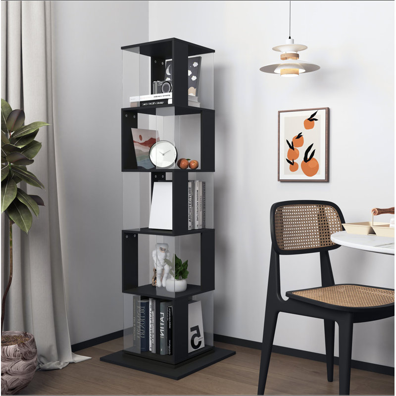 Bibliothèque rotative à 5 niveaux, bibliothèque simple avec plaque en acrylique, Noir
