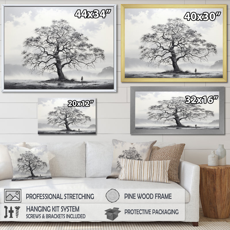 «White Grey Tree Mystique Landscape», impressions murales florales, Cadre flottant noir, H 30 po x l 40 po x P 1,5 po