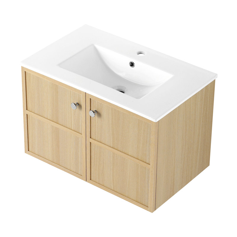 Meuble-lavabo de salle de bain avec lavabo, armoire de rangement de salle de bain moderne à bords arrondis et courbes avec tiroir, lavabo en céramique blanc rond sans robinet, pré-assemblé, couleur vert clair
