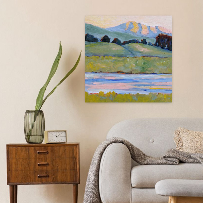 Peaceful River Mountains, paysage abstrait contemporain rustique, art mural, H 24 po x l 24 po