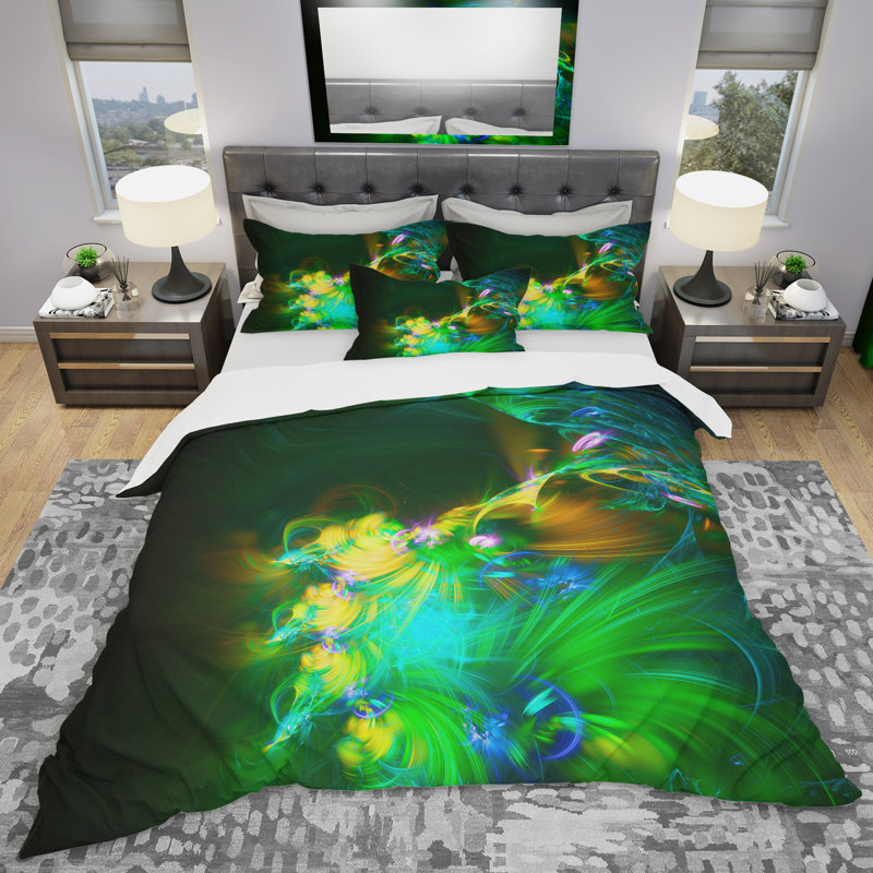 Ensemble de housse de couette fleur vert vif, Housse de couette double / grand + 2 taies