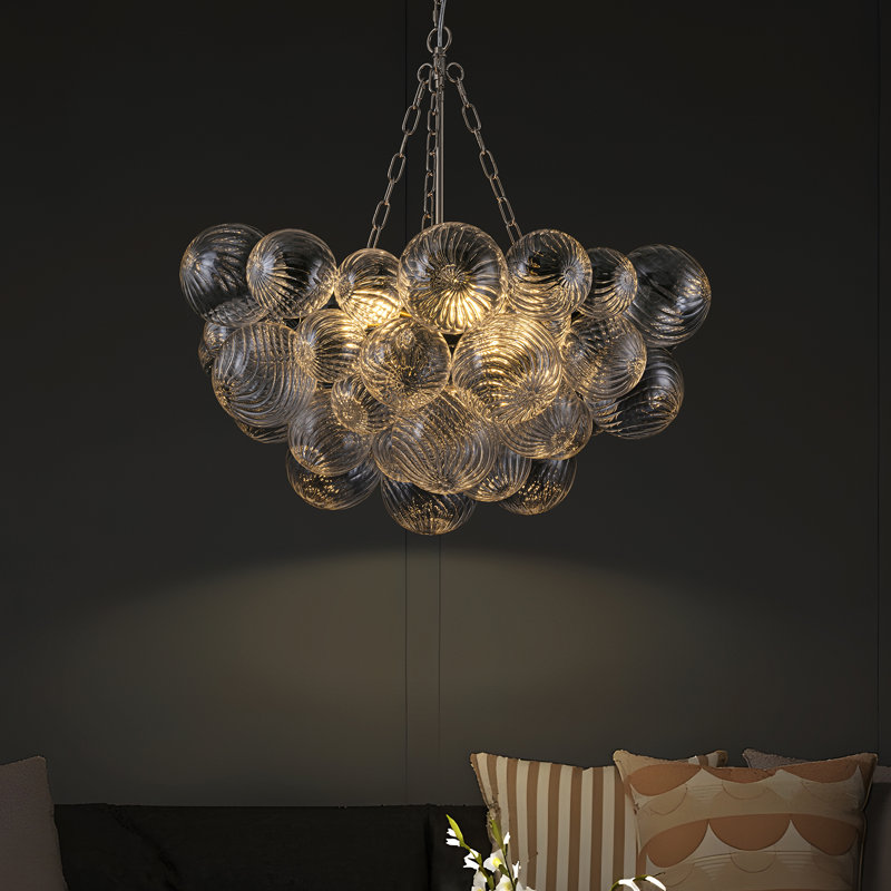 6-Light Swirled Bubble Glass Globe Chandelier, Nickel