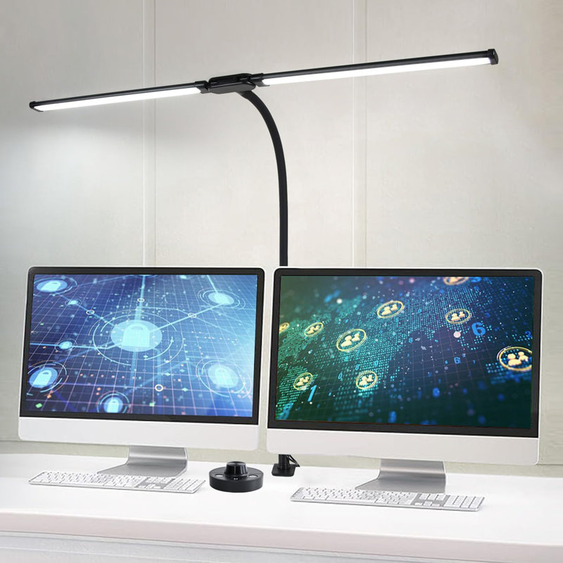 Lampe de bureau à DEL avec pince, lampe architecte soucieuse des yeux, lampe de bureau pour écran d'ordinateur à double tête, lumière de col de cygne flexible et réglable avec 4 modes de couleur et 5 niveaux de luminosité