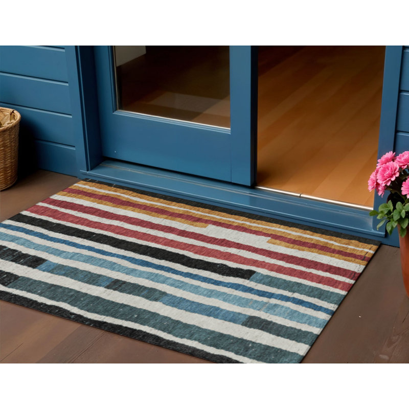 Tapis intérieur lavable rayé bleu denim 3 pi x 5 pi bleu et merlot