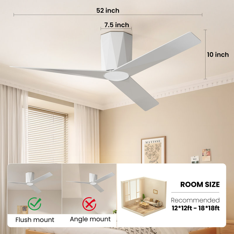 52 Inch Flush Mount Ceiling Fans with Led Dimmable Lights White, White