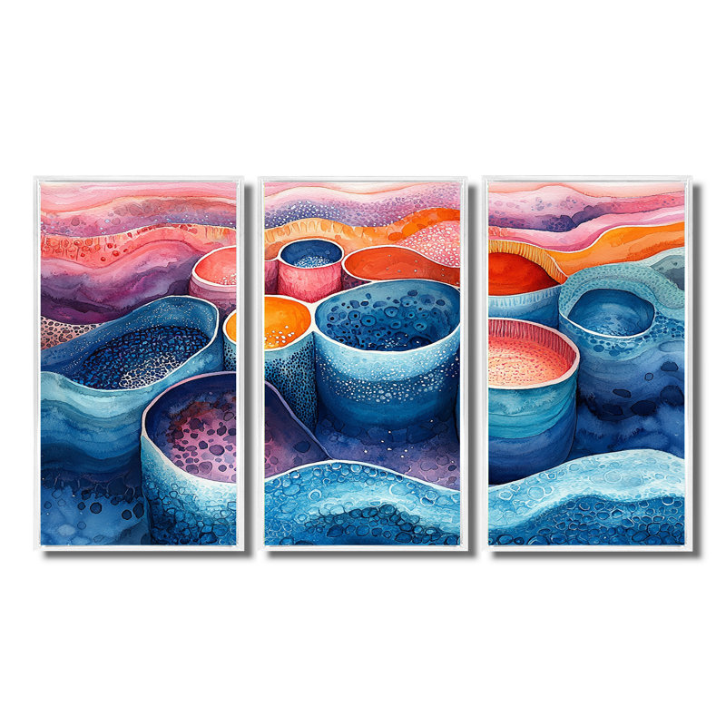 Beach Pottery in Pink and Blue Tones II - ensemble d'art mural de poterie de plage, Toile encadrée flottée blanche