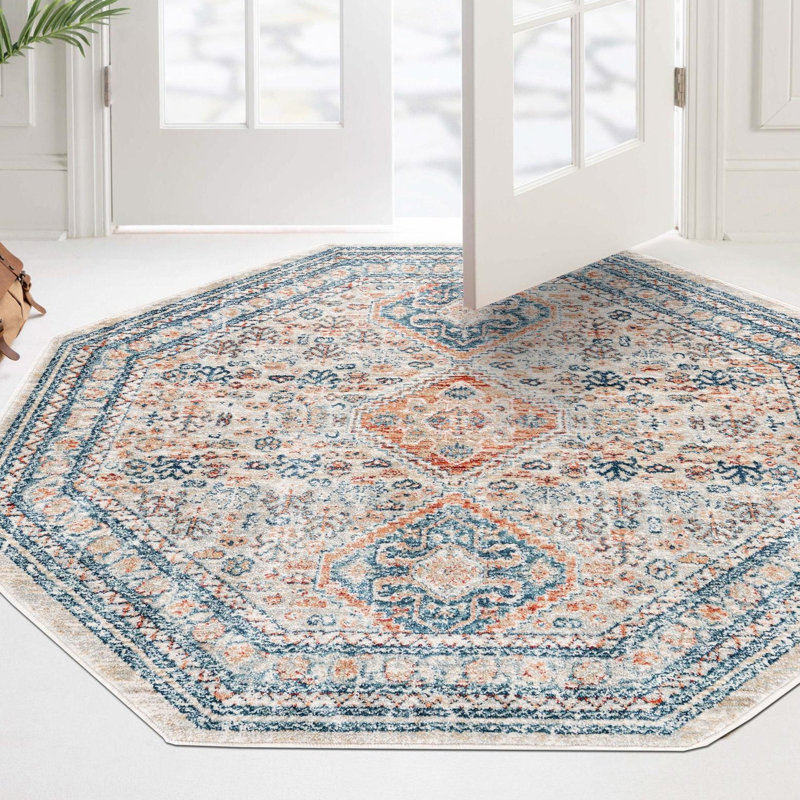 Kaleigh Beige/Blue/Gray Area Rug, Octagon 5'3" x 5'3"