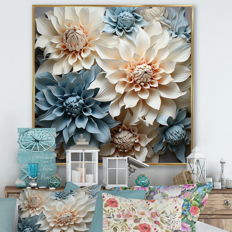 «White and Blue Dahlia Symphony IV», reproduction sur toile, Cadre flottant doré, H 24 po x l 24 po x P 1 po