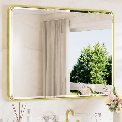 Miroir de salle de bain brossé or brossé 40 x 30 en verre trempé à bords biseautés, miroir de coin rectangulaire arrondi pour salle de bain moderne, salon, chambre à coucher, entrée