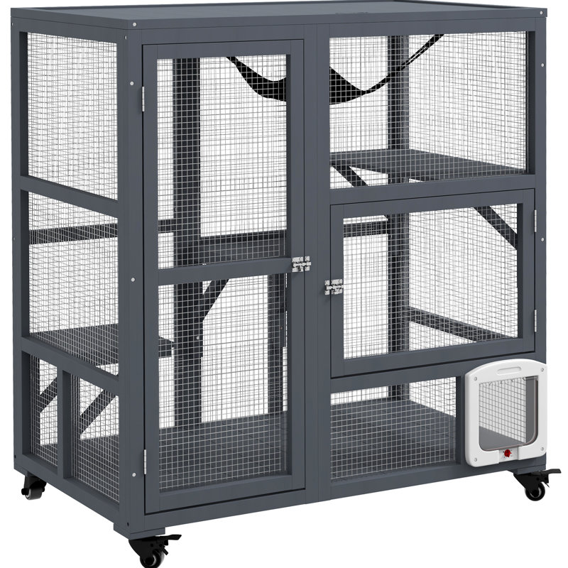 Indoor Cat Enclosure, 39" Wooden With Wheels, Grey - Multi-Level Platforms, & Flap Door For 2 Cats Up To 12 Lbs Collected Altogether House, Enclosure On Wheels Pounds Accumulated In Aggregate