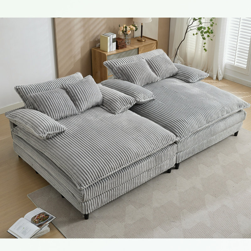 Méridienne double en velours côtelé avec 4 coussins, Velours côtelé gris