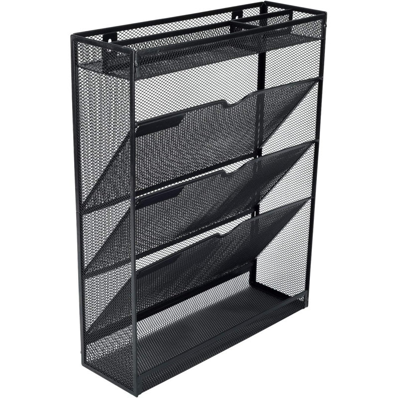 Black Mesh Desk File Organizer (4"D x 12.65"W x 16"H) – 5-Tier Wall-Mount/Vertical Holder with Bottom Tray & Accessories Storage