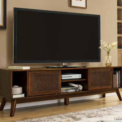 Mid Century Modern Entertainment Cabinet, For Up To 75 Inch Curved Tvs, Sliding Doors Storage 67.9 Vintage Support Flat Construction
