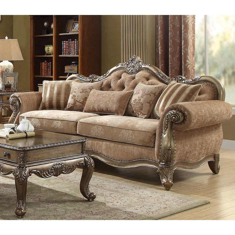 Cha Transitional Floral Tufted Rolled Arm Sofa with Five Cushions , Polyester brun pâle, Chêne rétro