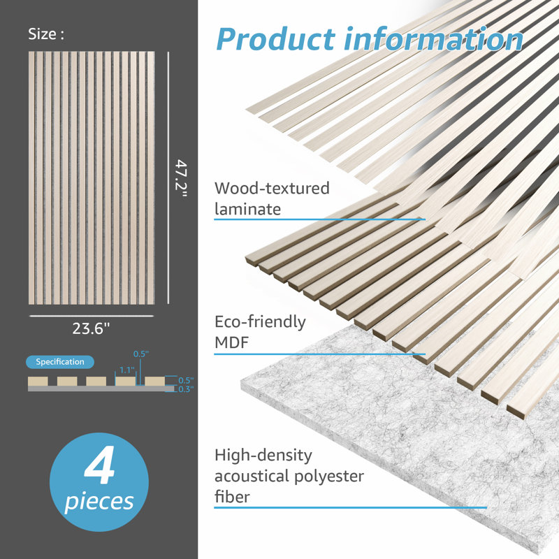 4Pièces de 23,6 po x 47,24 po à lambris d'aspect bois, panneaux muraux insonorisés 3D (31 pieds carrés / caisse), Blanc