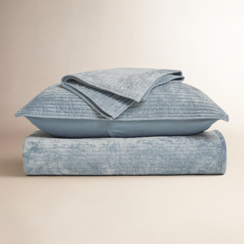 Striped Channel Velvet Quilt Set, Queen, Blue Linen