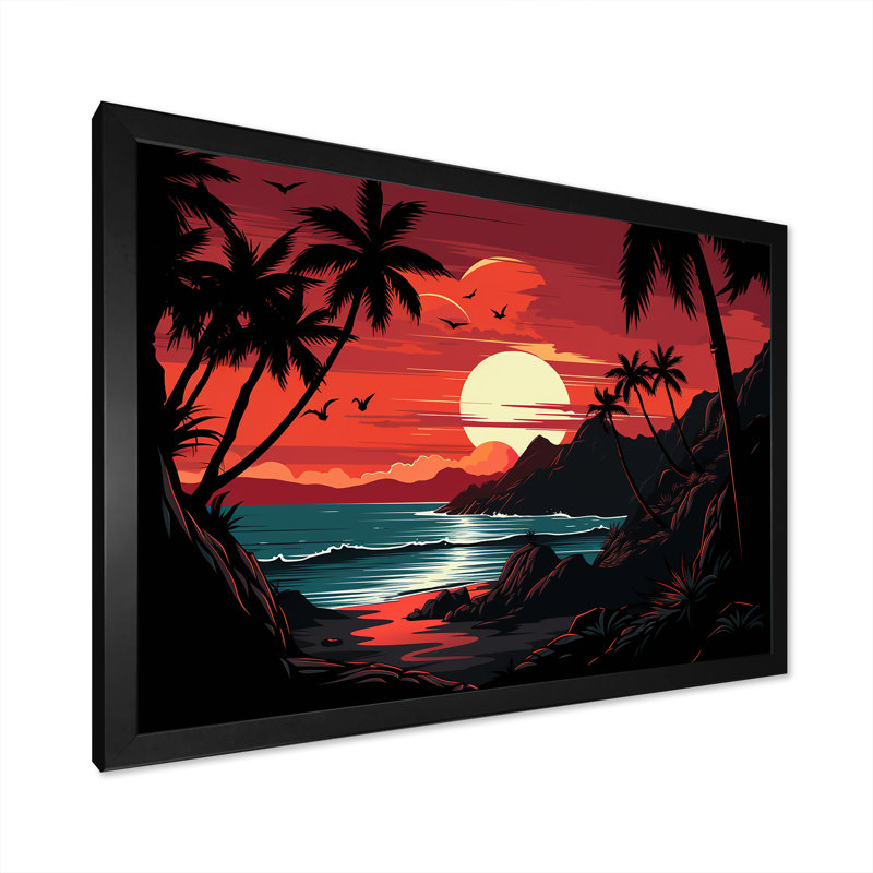 Coucher de soleil rouge audacieux paysage - coucher de soleil côtier, art mural, Cadre d'angle fermé noir