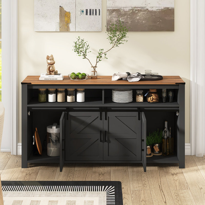 59.3" W Modern Sideboard With Sliding Barn Door,Adjustable Shelves, Black