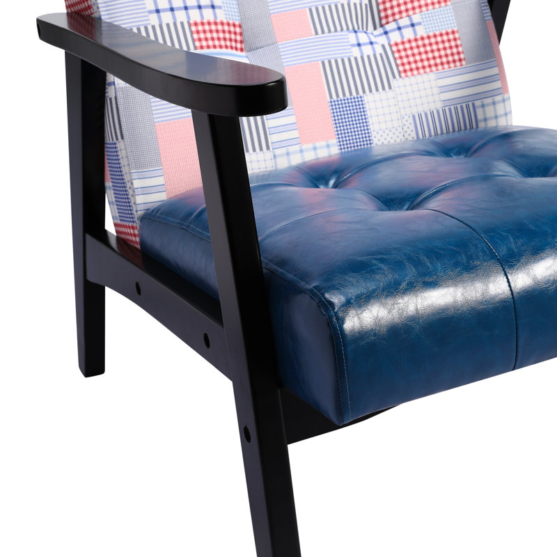 Floral Print Features Tufted Artificial Leather Mid-century Modern Accent Armchair, Blue/Patchwork