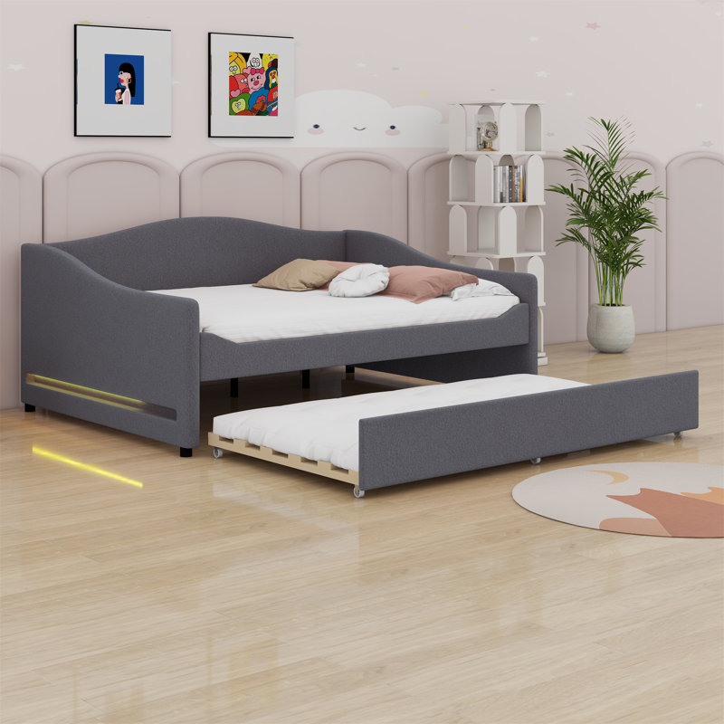 Upholstered Daybed With Light And Trundle, Gray