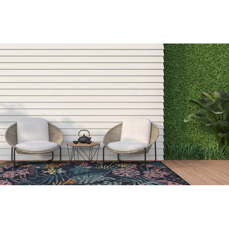 Kivett Navy Floral Indoor Outdoor Machine Washable Area Rug, Rectangle 7' x 9'