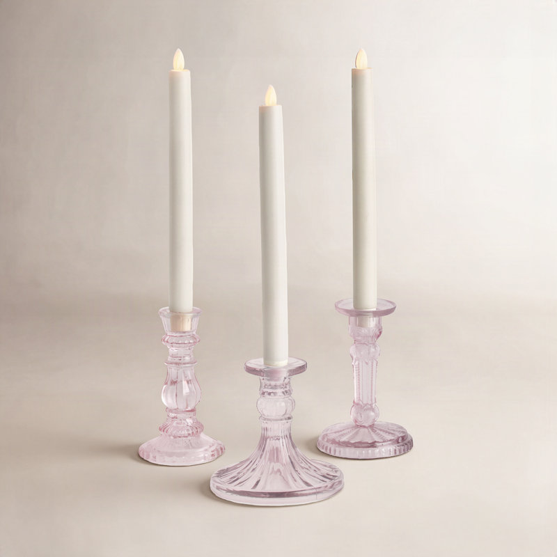 Florette Glass Taper Holders in Pink, Set of 3 Small, Pink, Medium