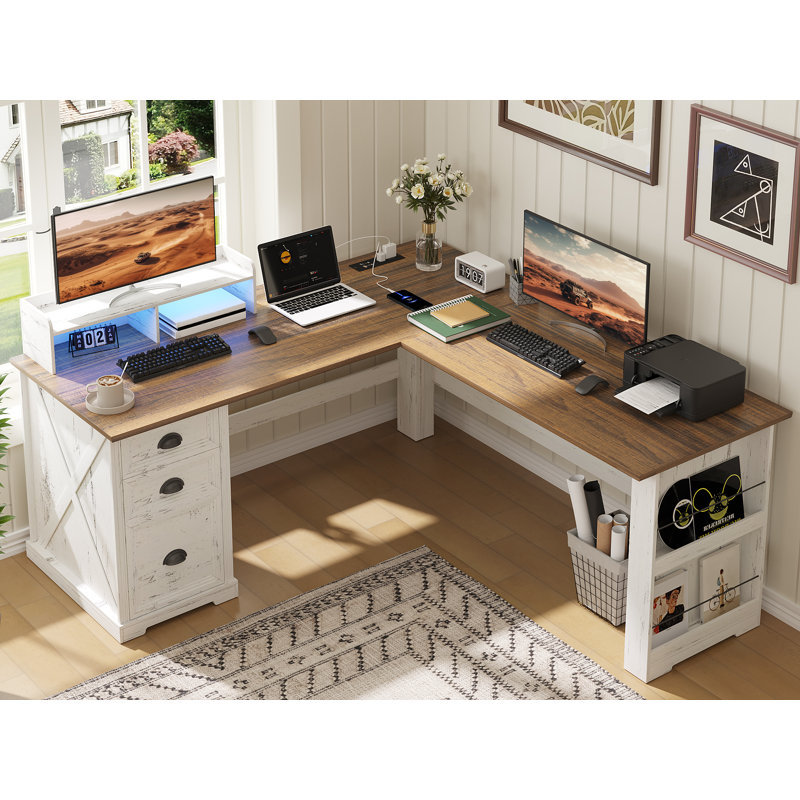 Computer Desk With Monitor Shelf, Rgb Led Lights And Built-in Charging Station , Modern Executive Desk With File Drawers