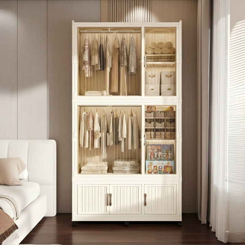Organisateur de rangement pour vêtements autoportant, coffre à vêtements, avec 9 compartiments avec portes magnétiques et 2 rails à vêtements, comprend 6 supports à vêtements, armoire de rangement pour vêtements pour bébés, finition blanche