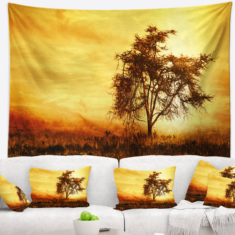 Paysage, arbre africain, tapisserie, silhouette, H 32 po x l 39 po