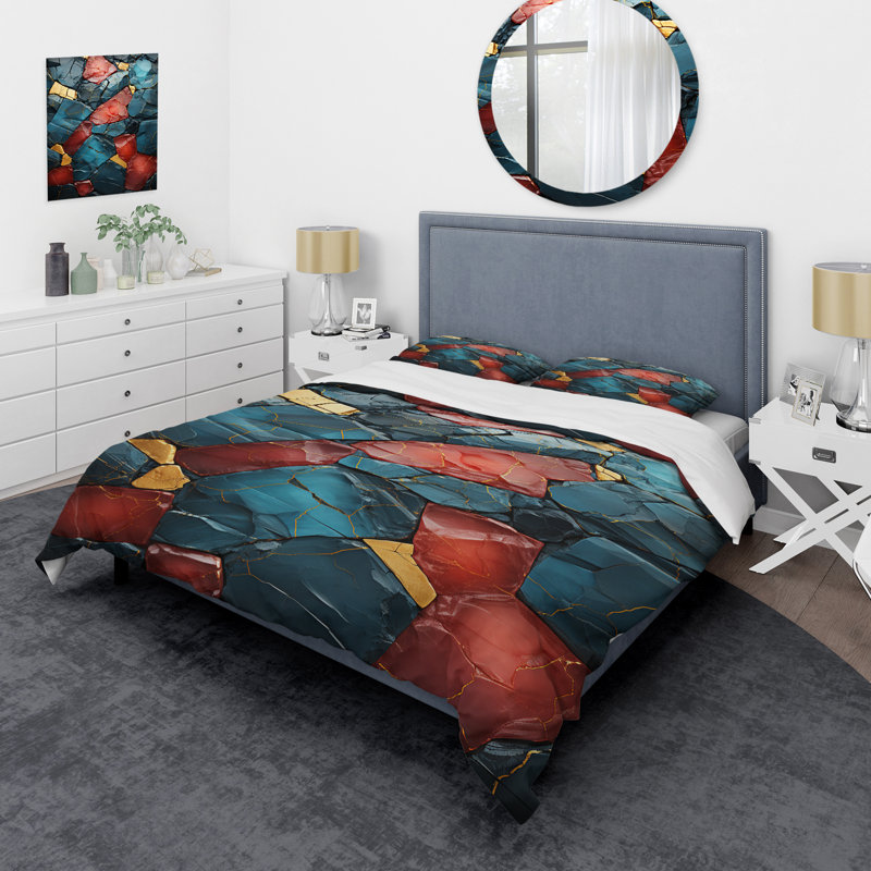 Ensemble de housse de couette en marbre bleu et rouge Elegance II, Housse de couette pour lit simple + 1 taie décora