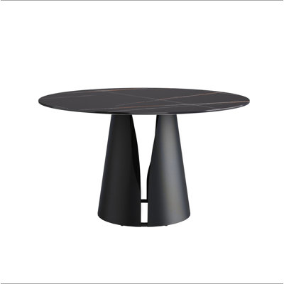 Table de salle à manger moderne 53,15 po en pierre artificielle ronde en acier au carbone noir pouvant accueillir 6 personnes