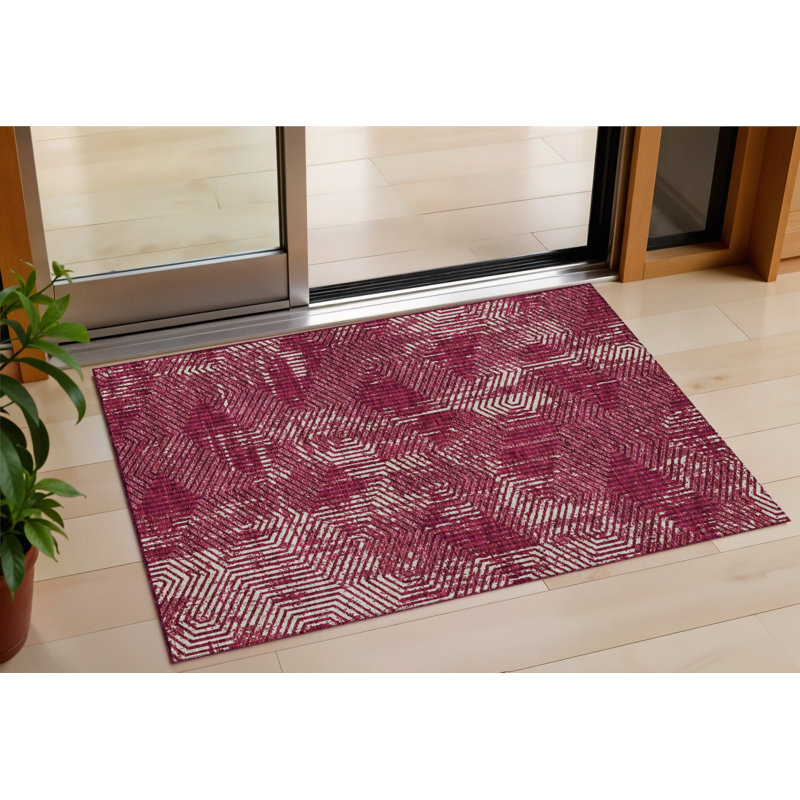 3' X 5' Burgundy And Ivory Geometric Washable Indoor Outdoor Area Rug