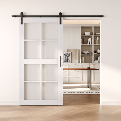 Homacer White 40in x 80in 8-Lite Glass Design Unassembled & Pre-Finished Barn Door with Hardware Kit, interior use only