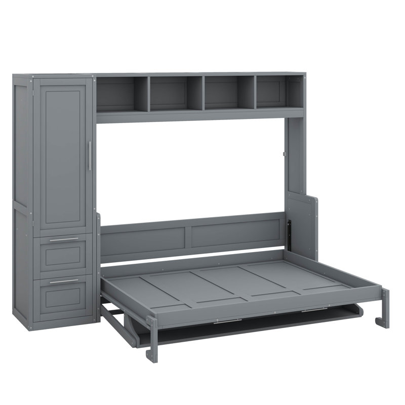 Grand lit escamotable mural avec placard, tablettes et tiroirs, Grand lit, Gris