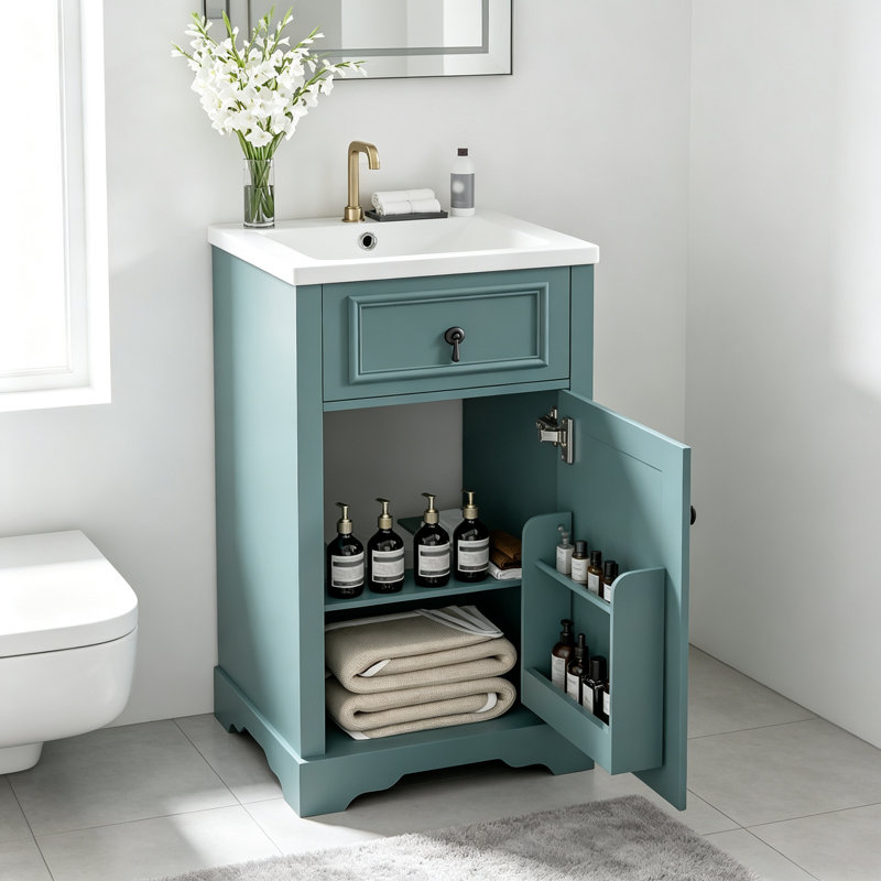 Meuble-lavabo de 20 pouces avec lavabo en céramique, porte à fermeture douce, tablette réglable et support de rangement fixé à la porte - idéal pour les petites salles de bain