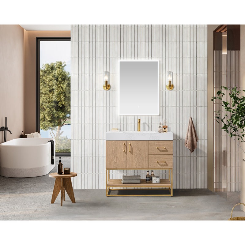 Alistair 36'' Single Bathroom Vanity with Engineered Stone Top, Gold, North American Oak, White