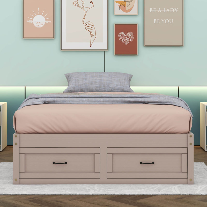 Lit plateforme Neeru avec 6 tiroirs de rangement, Blanc antique, Double