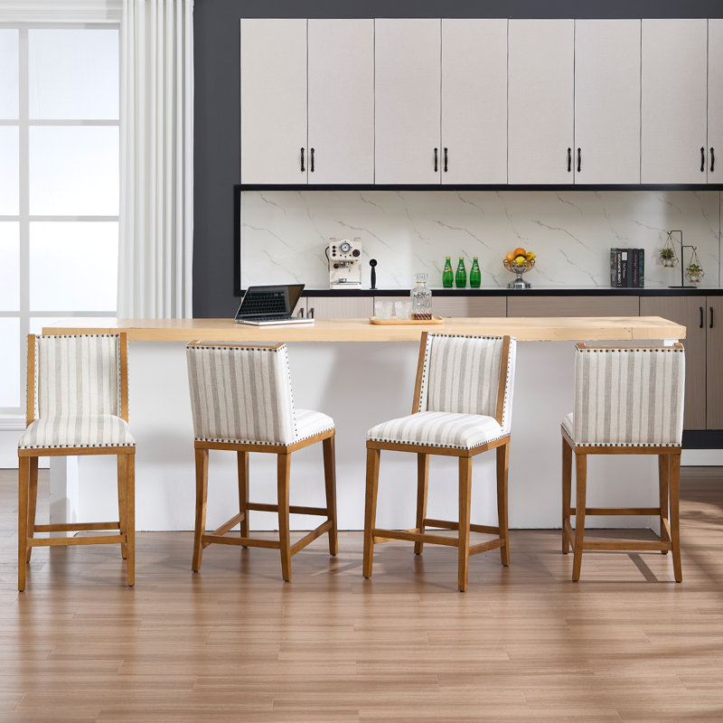 Farmhouse Solid Wood Barstools With Vintage Brass Studs, Upholstered Low Barstools For Bar Counters And Kitchen Islands Set Of 2