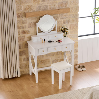 Burke Wooden Makeup Vanity with Adjustable Mirror, Drawers & Stool by Mercer41