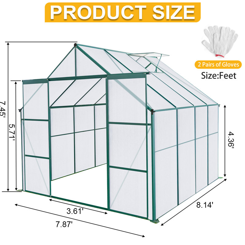 Serre en polycarbonate 8 x 8 pi pour l'extérieur, avec cadre, base galvanisée en toute saison, toutes les structures et plantes