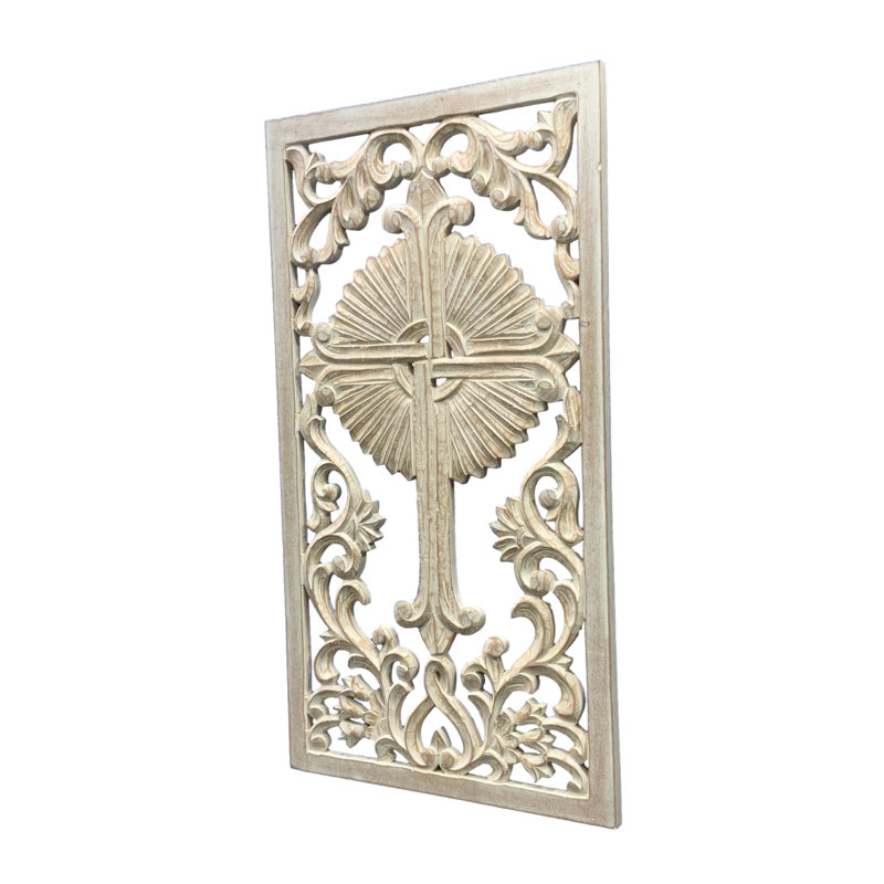 Décoration murale gril gaélique en bois sculpté à la main, Blanc délavé